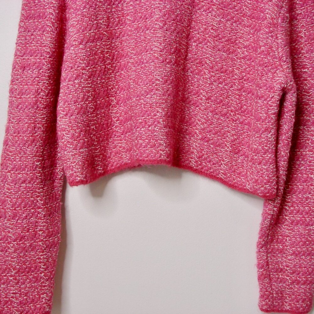 Zara Pink Tweed Knit Cardigan Jacket Sweater Barbie Pink Silver Metallic Size XL - Picture 16 of 16
